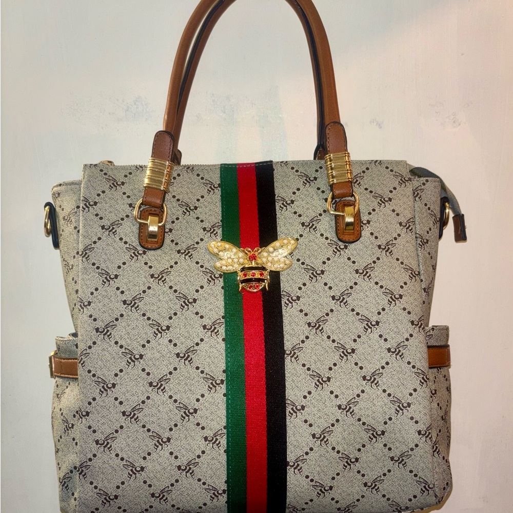 Tan & Beige monogram Bee Tote Bag with Green Red & Black stripe & bejeweled Bee.